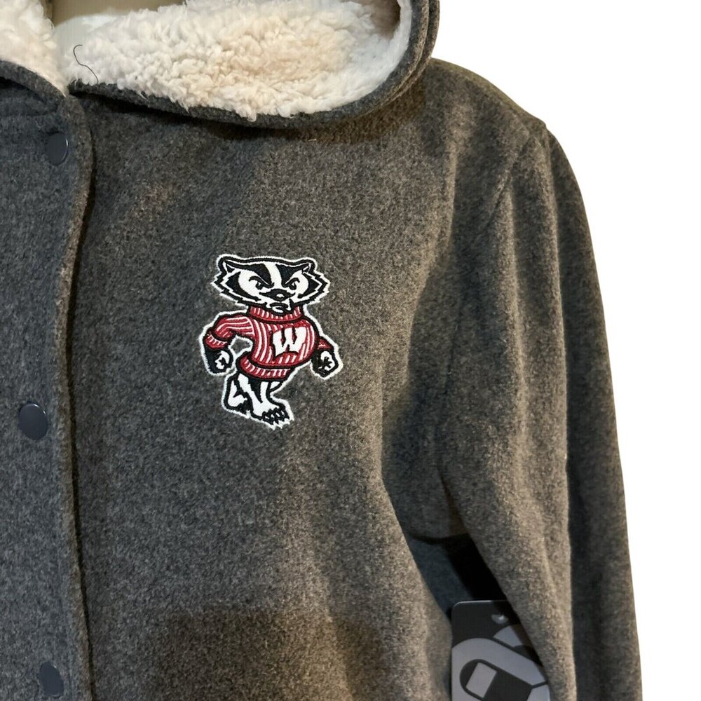 NEW Wisconsin Badgers Gray Fleece Sweatshirt Hoodie Shearling Jacket Women's M - Picture 3 of 8